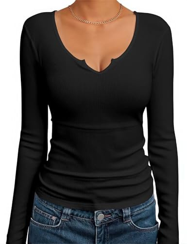 Bresdk sous Vetement Thermique Femme Col en V à Manches Longues Basic Tee Shirt Léger Slim Fit sous-vêtement Côtelée Thermique pour Hiver Automne