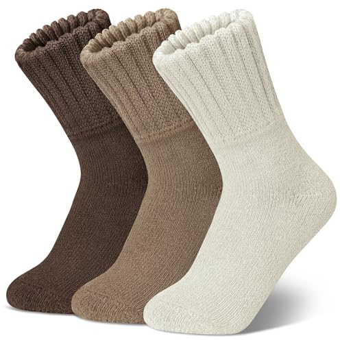Womens Merino Wool Socks Winter Ski Warm Boot Socks Men Thermal Thick Cozy Hiking 3 Pairs, Brown + Beige +Khaki, 4.5-9 UK