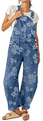 loveimgs Women Floral Print Denim Overalls Baggy Barrel Jeans Patchwork Denim Pants Y2k Straps Wide Leg Jumpsuit One Piece (Large,Blue)