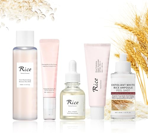 5-Steps Rice Skin Care Sets, Glowing Glass Skin care Set | Pamper Gifts for Women Girls, Korean Skincare (Peel Shot Glow Rice Ampoule,Toner,Serum, Eye Cream,Sunscreen)