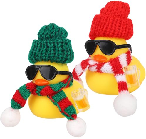 2uds Navideño Goma Pato Adorno Coche, Mini Salpicadero Decoración Patos con Sombrero Pequeño Bufanda Gafas Sol y Jarra Cerveza Accesorios Lindos para Decoraciones de Coche Hogar Oficina