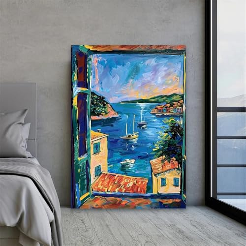 Cuadro al óleo sobre lienzo de estilo fauvista de Henri Matisse con la imagen de una ventana abierta, inspirado en el lago de Como, Italia y el Mediterráneo, ideal para el salón (70x100 cm/sin marco).