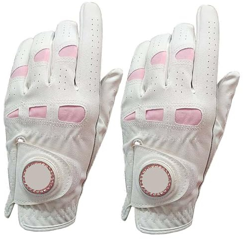 Guanti da golf in pelle donna 2 pezzi/1 paio con indicatore a sfera Bling Extra Grip Sinistra Mano destra Rosa Fit Ladies Girls Golfista per Adulta(White Left Hand,M)