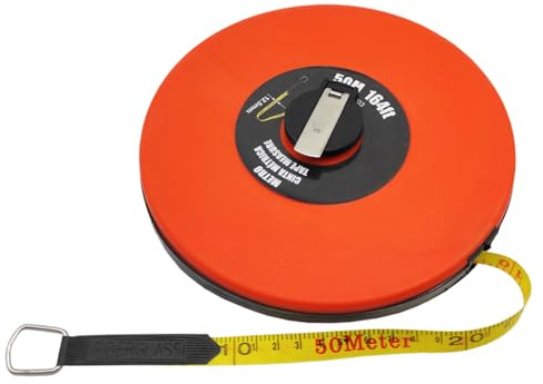 Tradineur - Cinta métrica con funda redonda de plástico, incluye anilla y manivela para enrollar, fibra de vidrio, anchura de 12,5 mm, versátil, bricolaje - 50 metros