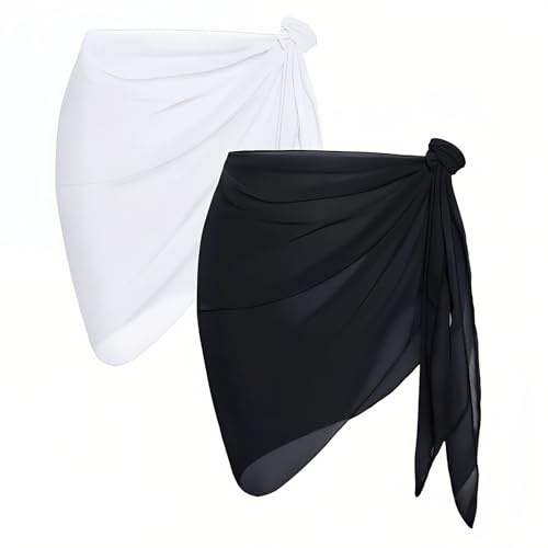 2 Pièces Wrap de Plage de Femmes Sarong, Couverture de Bikini Jupes Wrap, Pareo Femme Plage, Sarong pour Couvrir Un Bikini (Noir, Blanc)