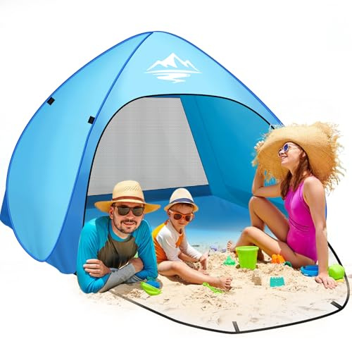 Strandmuschel Pop Up Strandzelt 3-4 Personen, Pop Up Strandmuschel mit Reißverschlusstür UV-Schutz 50+ Windschutz Strand Zelt, Automatisches Tragbarer Wurfzelt Tragetasche und Heringe