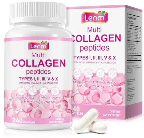 Multi Collagen Capsules with Biotin, Vitamin C & Hyaluronic Acid – Types I II III V X – Skin Hair Nails & Joint Support – Non GMO, Gluten Free – 240 Capsules