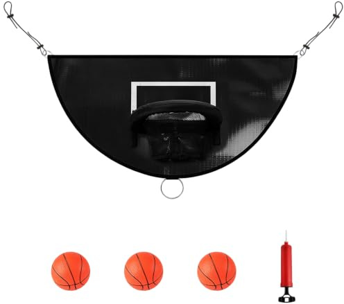 Studsmatta, basketkorg, universell minibasketkorg, avrivningskant för nedsänkning studsmatta, basketfäste med 3 minibasketbollar, studsmatta, tillbehör för barn och vuxna, inomhus och utomhus