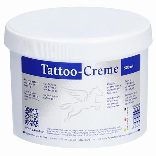 Pegasus Pro Tattoo-Creme, 500ml, Tägliche Pflege & Aftercare für Intensiven Tattooschutz, Feuchtigkeitsspendend mit Cajeputöl, Mit Weizenkeimöl und Dexpanthenol, Made in Germany