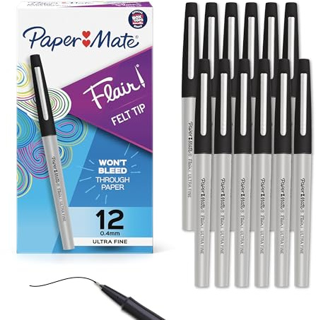 Paper Mate Flair Felt Tip Pens, Ultra Fine Point (0.4mm), Black Ink, 12 Count - Office Supplies, No Bleed, For Precise and Expressive Writing