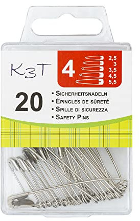 K3T Sicherheitsnadeln 20er Packung, Verschiedene Größen, Farbe Silber, Art.-Nr. 81012
