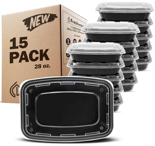 Freshware Meal Prep Containers 15 Count (Pack of 1) Compartment Food Storage Containers with Lids, Bento Box, BPA Free, Stackable, Microwave/Dishwasher/Freezer Safe (28 oz) (Color May Vary)