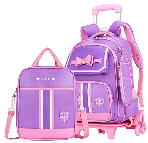 Rolling Backpack for Girls Cute Trolley Bags Primary School Bookbags with Wheels Kids Carry-On Wheeled Backpack with Lunch Bag
