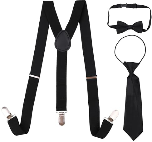 Trimming Shop 85 cm x 25 mm, hängslen för barn med fluga och slips set – justerbart Y-format helt elastiskt clip-on stag med färger fluga och slips, perfekt klädtillbehör för barn, Svart, 85 cm (12-16