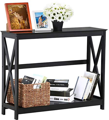 Yaheetech Konsolentisch Schmaler Flurtisch Eingangtisch mit X-förmigem Rahmen 2 Ebenen Sideboard Beistelltisch für Eingang und Flur, Schwarz