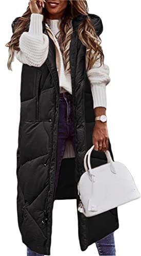 ORANDESIGNE Hiver Gilet en Duvet sans Manches Femmes Zippée Matelassé avec Capuche Veste d'hiver à Capuche sans Manches Gilet Chaud Fermeture Éclair Gilet Long Blouson Décontracté B Noir M