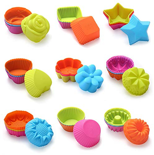 Muffinsformar i silikon, återanvändbara bakkoppar, paket med 36 färgglada, återanvändbara, 9 former, silikon, mini-cupcake-formar, nonstick, muffins, bakkoppar, cupcake-foder, godisformar, set, gör-det-själv, tårtverktyg