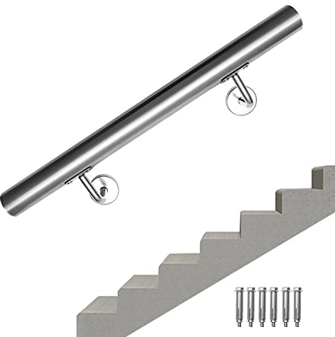 Ansobea Pasamanos de acero inoxidable, pasamanos de 50 cm de largo, 42 mm, pasamanos para escaleras interiores y exteriores, incluye soporte de pared y tapas