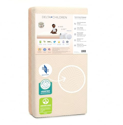 Delta Children Summer Breeze Mattress - Breathable Baby Crib & Toddler Mattress with Cloud Core - Machine Washable Cover - GREENGUARD Gold – Waterproof - Sustainably Sourced Core, Apricot/White