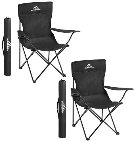 Set of 2 Camping Chairs | Lightweight Folding | Portable Chair for Outdoors | Cup Holder | Storage Cover | Outdoor Leisure Chair Durable with Arm Rest for the Beach, Lawn and Fishing Trip Garden Black