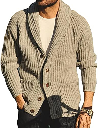 Runcati Mens Cardigan Knitted Chunky Jacket Shawl Collar Cable Knit Loose V Neck Knitwear Outerwear, Khaki, M