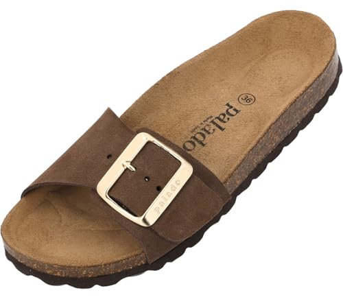 Palado Pantoletten Damen Malta EGS Velours Premium Leather - elegante Sandalen Made in Spain - Hausschuhe mit Kork-Fußbett - bequeme Sommerschuhe Dunkelbraun UK5,5 - EU38