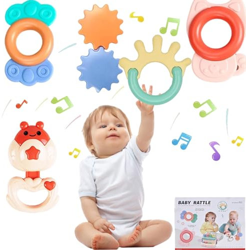 PERSEVERANCE Sonajero Mordedor Bebe, Sonajeros Bebe，5 Piezas Juego de Juguetes de Sonajeros de Bebé para 0-3 6 9 12 18 Meses bebés recién Nacidos Regalo Bebe