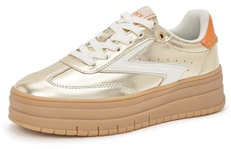 LUCKY STEP Women's Platform Sneakers Gum Sole Suede Casual Classic Retro Rubber Thick Sole Trendy Fashion Tennis Walking Shoes (Gold, 8.5US-38.5EU-5.5UK)