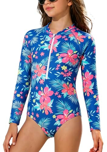 JiAmy Badeanzüge für Mädchen Langärmelig UV Schwimmanzug Einteilig Sommer Sportlich Rash Guards für 8-9 Jahre (Etikett:130)