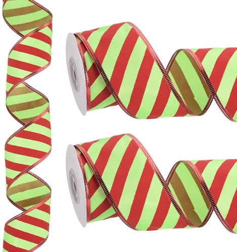 PATIKIL 20 meter x 5 cm randigt band, trådbundet band satin presentförpackningsband för julhantverk födelsedag bröllop festival krans, röd grön
