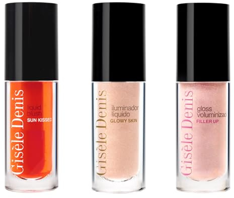 GISÈLE DENIS - Pack Maquillaje Labios y Rostro 15 ml, Gloss Voluminizador + Iluminador Líquido + Colorete Líquido, Volumen, Rubor y Aspecto Natural, Fórmulas Veganas