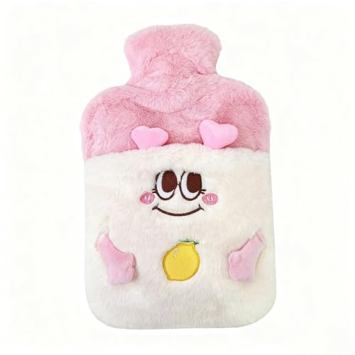 Fyfjur 2L Grande Bolsa Agua Caliente con Funda, Bonita Bolsa de Agua Caliente Peluche con Funda Calentadora de Manos para Niños y Adultos, Desmontable y Lavable, Segura y A Prueba de Fugas, Rosa
