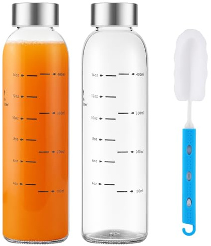 weasland Glass Juice Bottles with Lids Set of 2, 17 oz Reusable Glass Water Bottles with Stainless Steel Caps, BPA Free,Leak Proof,Dishwasher Safe,for Refrigerator, Juicing, Iced Coffee, Cold Brew