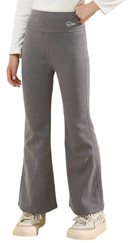Fleece Lined Flared Leggings Kids Girls Winter Warm Stretchy High Waisted Bootcut Trousers for Teenage Girls School Comfy Casual Sports Bottoms Age 4-15 Years (Grey, 14-15 Years)