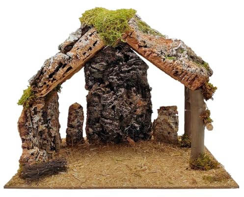 AC - Cueva/Portal de belén de Corcho, Pesebre con Techo Triangular y Musgo para Nacimiento, Figura de Navidad, decoración Tradicional - 38 x 24 x 30 cm