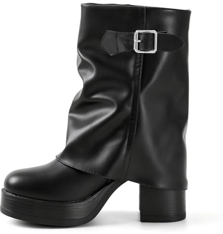 Genesandro Slouchy Boots - Stivali da donna con tacco da 8 cm, eleganti stivali pieghevoli con tacco alto, colore nero, per tutti i giorni e street style, onice nero., 39 EU