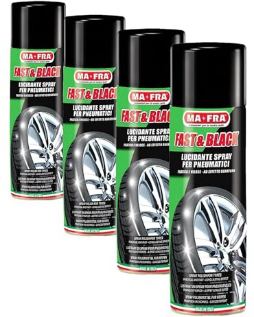 Ma-Fra Fast & Black, Lucidante Spray Antistatico per Pneumatici, Pratico, Veloce, Ravviva Il Colore Originale delle Gomme, Previene Screpolature, Formato 500ml (Confezione da 4)