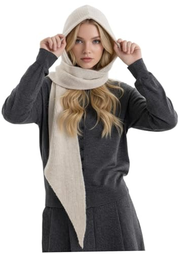 Bemonew Bufanda con capucha para mujer, cálida y suave, mezcla de lana, gorro de punto, elegante chal de invierno de ganchillo, color blanco