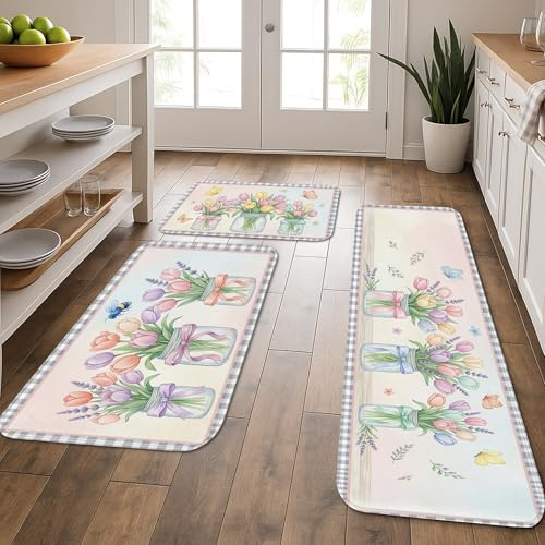 Alfombrillas de cocina florales de primavera para suelo, diseño de tulipanes vibrantes y tarros, tapetes suaves, acolchados, cómodos, lavables, antideslizantes, para fregaderos de cocina, lavandería