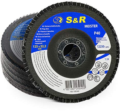 S&R Fächerschleifscheiben-Set 5-teilig für Winkelschleifer Körnung 40, 125 x 22,2 mm, Schleifscheiben, Lamellenscheiben, Schruppscheiben, Fächerscheiben, zum schleifen von Holz, Metall, Stahl