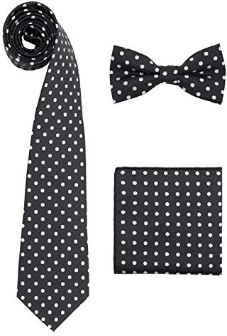 WANYING Uomo Gentleman Classico a Pois 8cm Cravatta Papillon Fazzoletto da Taschino 3 in 1 Set Poliestere - Nero