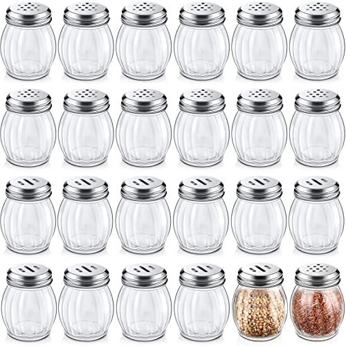 Hotop 36 Pcs Cheese Parmesan Shakers with Perforated Top, 6 oz Glass Spice Shaker with Slotted Stainless Steel Lid Retro Swirl Style Jar Dispenser for Pepper Sugar Home Kitchen Restaurant(Classic)