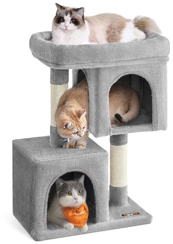 Feandrea Cat Tree Tower, 70 cm, 2 Caves, Large Perch, Scratching Post | For Cats up to 5 kg, S, Dove Grey, CLAWFY Collection PCT612W01