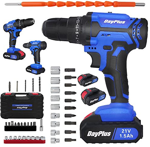 Cordless Combi Drill 21V Electric Screwdriver with 2x1500mAh Batteries, 45Nm Max Drill Hammer with 26PCS Accessories Kit, 25+1 Torque Power Drills for Home and Garden, Built-in LED Work Light