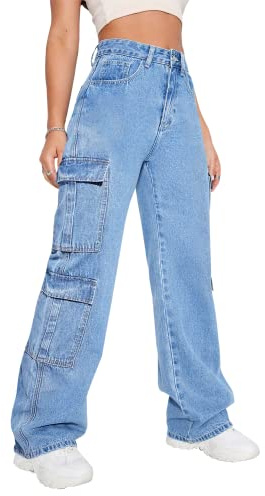 Women's High Waist Cargo Jeans Flap Pocket Baggy Cargo Pants Y2K Wide Leg Denim Jeans -L Light Blue.