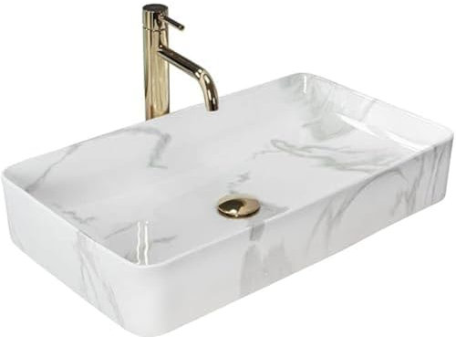 Rea Aufsatzwaschbecken DENIS SHINNY MARMO Waschtisch Handwaschbecken Waschschale Waschbecken für Badezimmer aus hochwertiger Keramik 615 x 350 x 110 mm (Weiß, Marmorimitat)