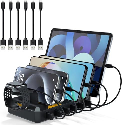 TechDot Ladestation für mehrere Geräte, 50W 6-Port USB mit magnetischem Uhrenhalter, mechanische Ladestation, 6-Port Kabel enthalten, Schwarz