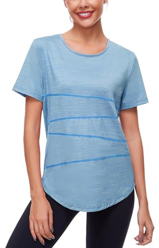 Terecey T Shirts Damen Lang Atmungsaktiv Sport Shirts für Damen Fitness Shirt Mädchen Gym Rundhalsausschnitt Laufshirt Kurzarm für Lässig Laufen Yoga Blau XXL