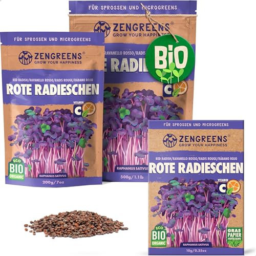 ZenGreens® - Organic red Radishes Sprouting Seeds - Choose Between 10g, 200g and 500g - red Radishes Seeds with a Germination Rate of Over 97% - Microgreens - Sprouts