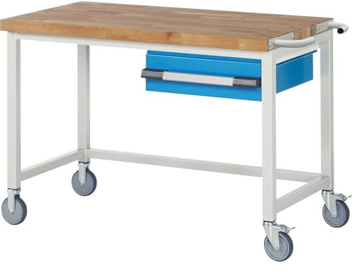 eurokraft | pro | Fahrbare Werkbank Serie 8000 | Gestellbauweise | 1 Hängeschublade | BxT 1250 x 700 mm